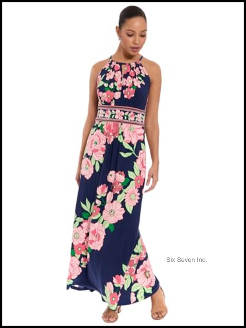 Elegant Floral Halter Neck Maxi Dress Sleeveless Wedding Guest